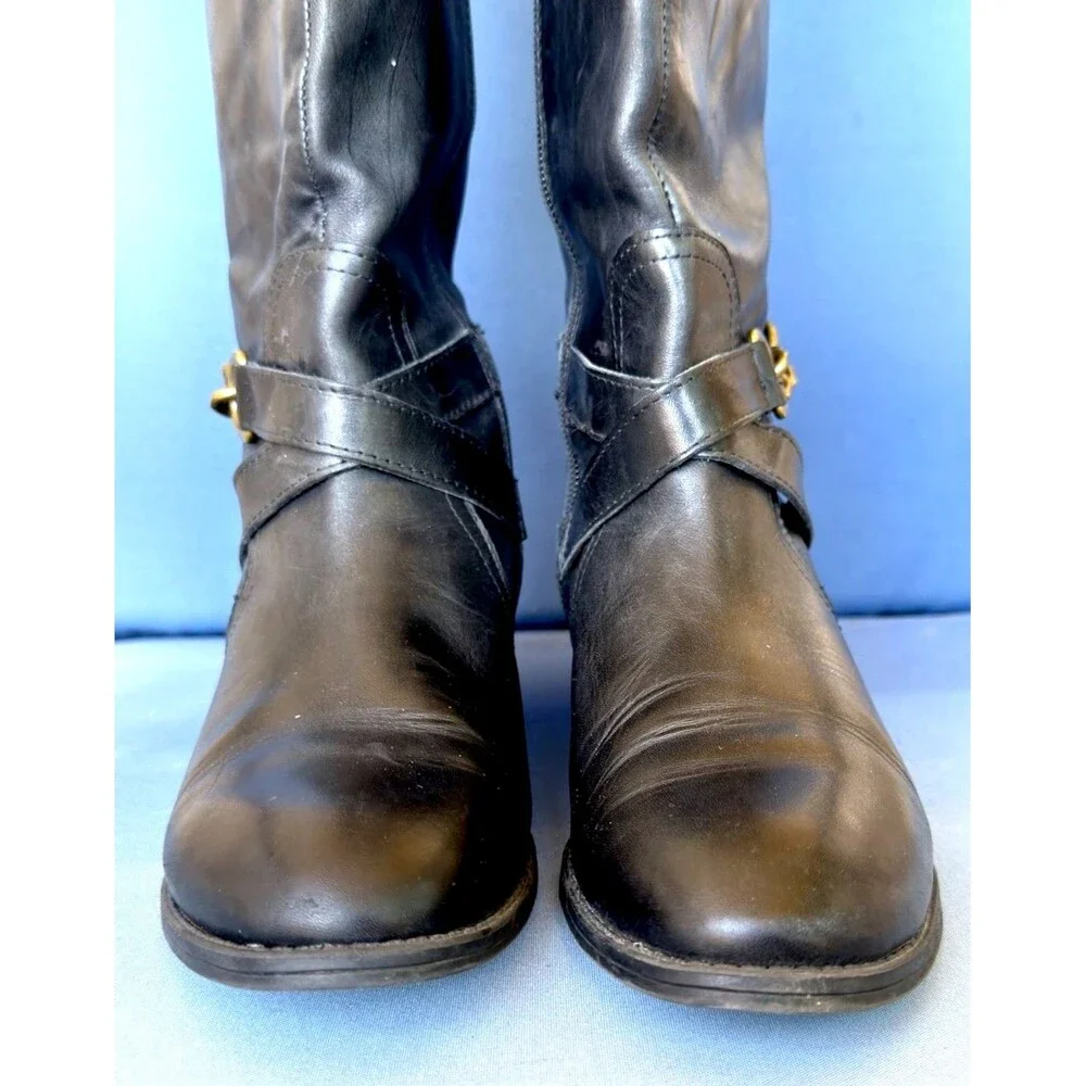 Lauren Ralph Lauren Menna W Leather Wide Calf Riding Boots Black Brown 7.5B
